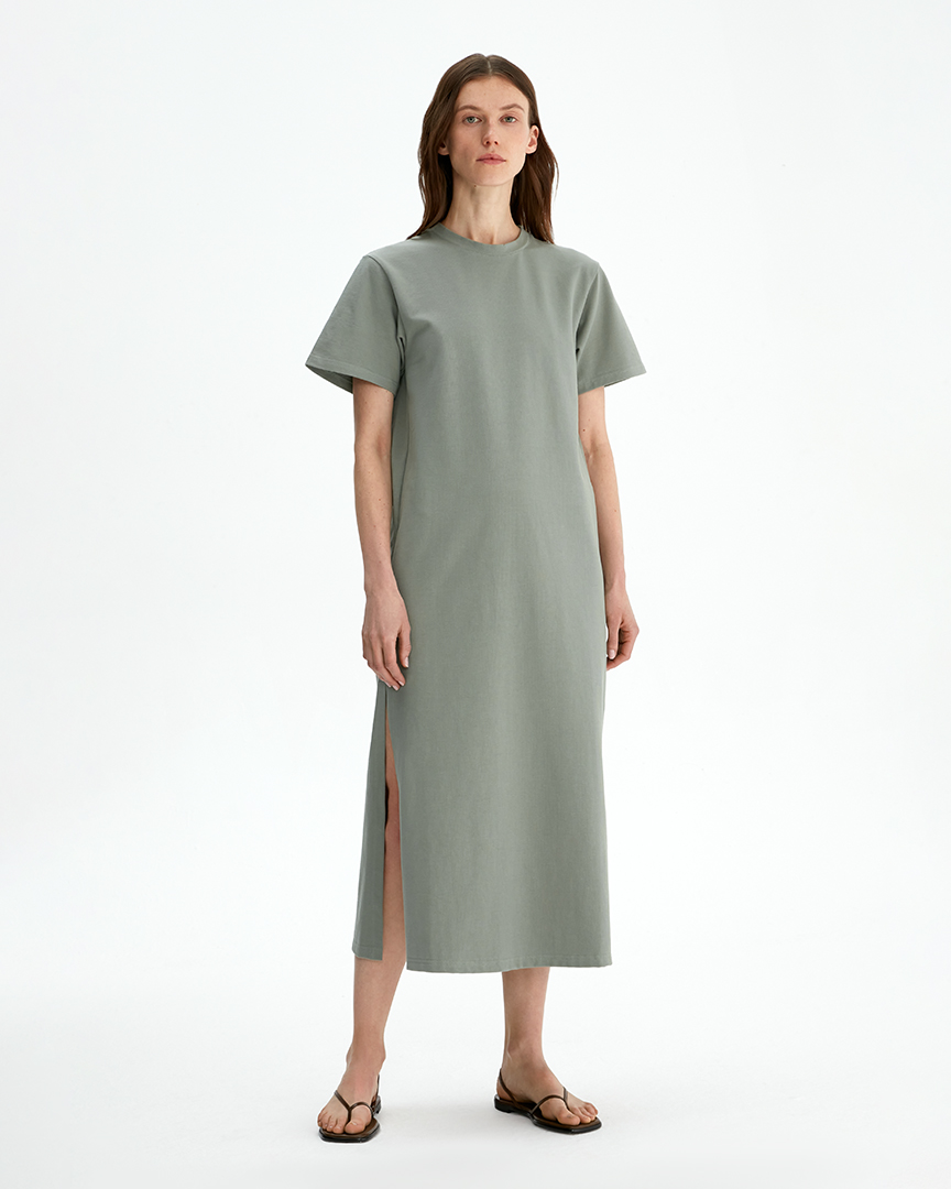 Хлопковое платье-футболка длины макси, оливковый - фото 1