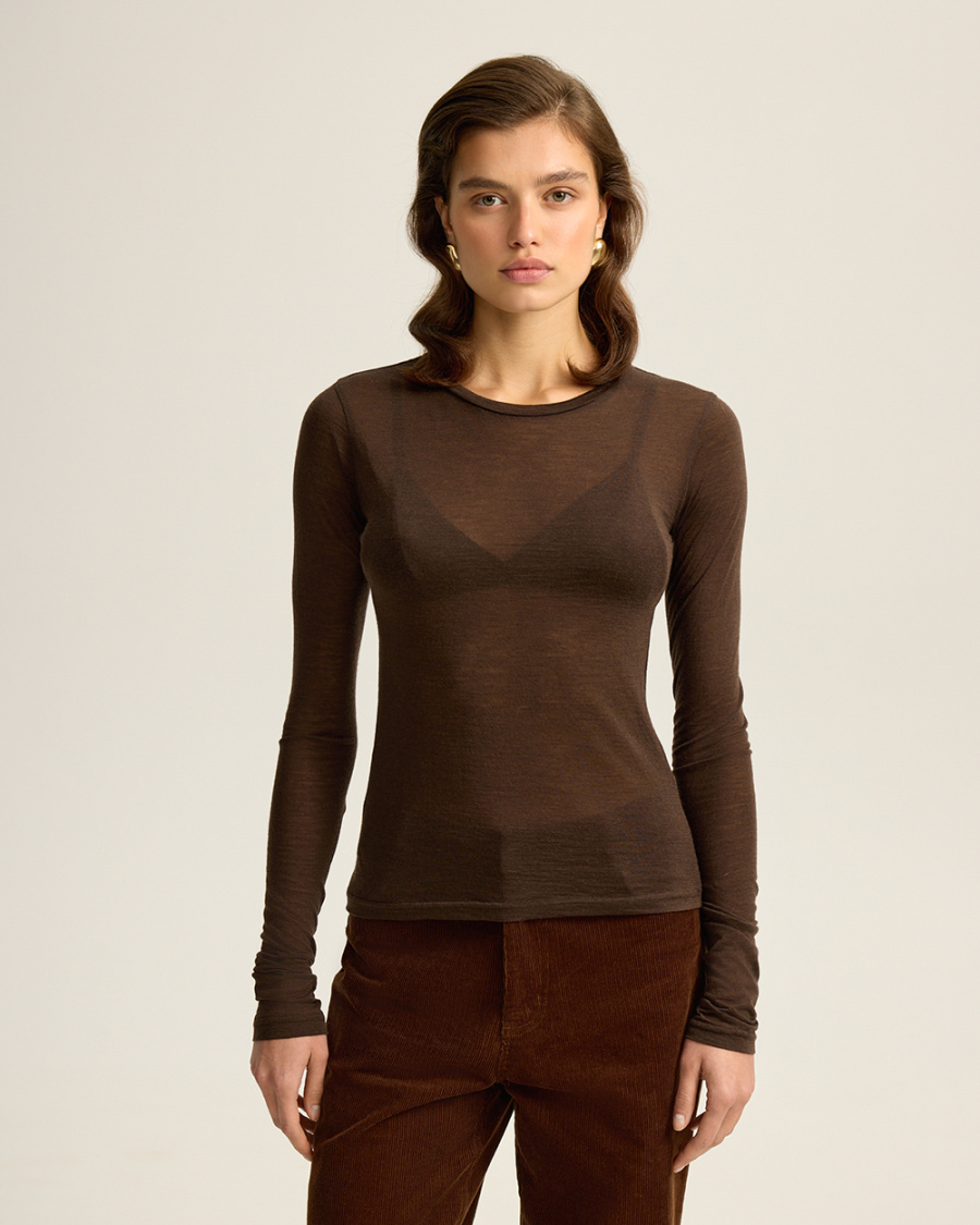 

Прозрачный лонгслив из шерсти мериноса, коричневый шоколадный