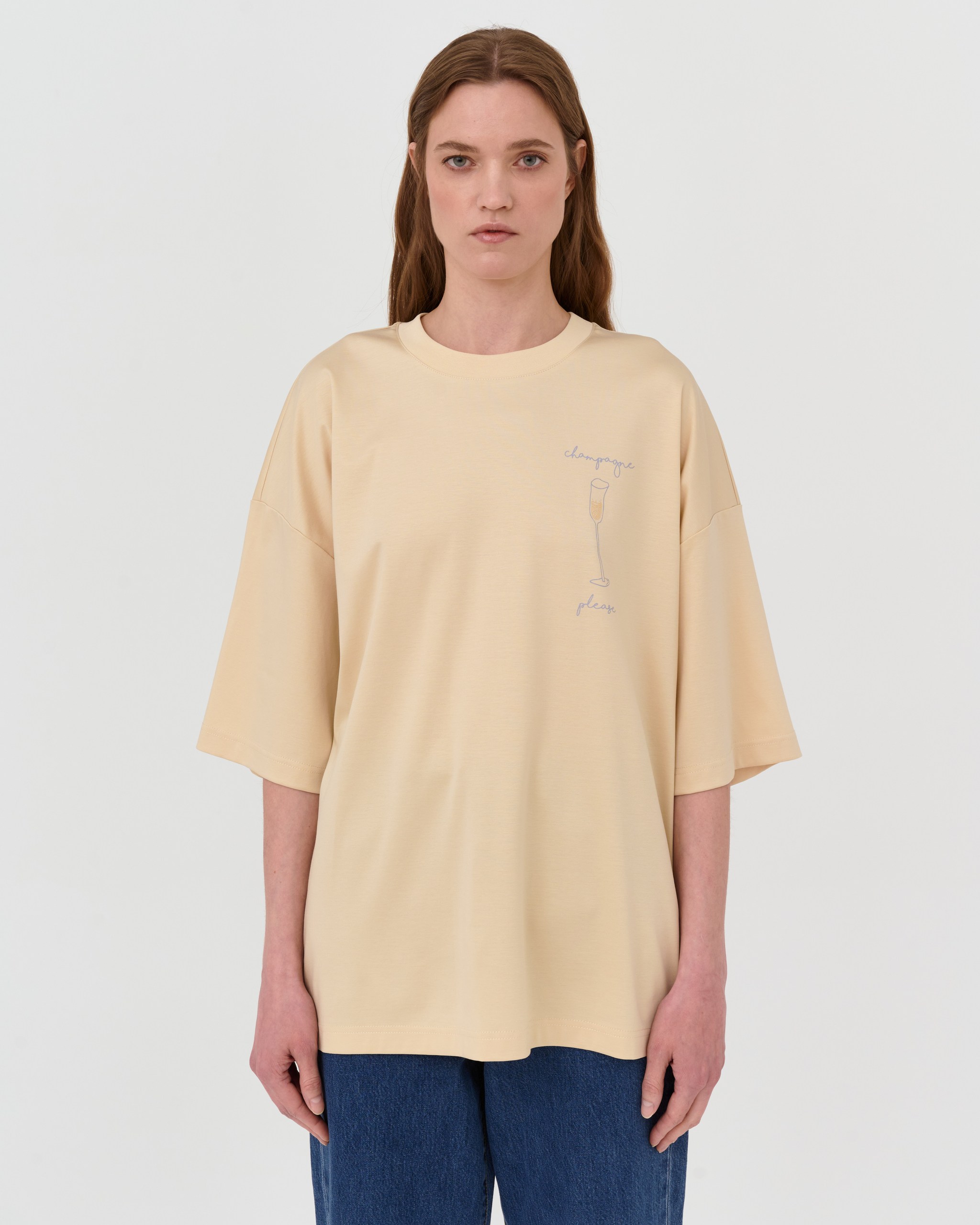 Оверсайз футболка с принтом, из хлопка и модала, бежевый
