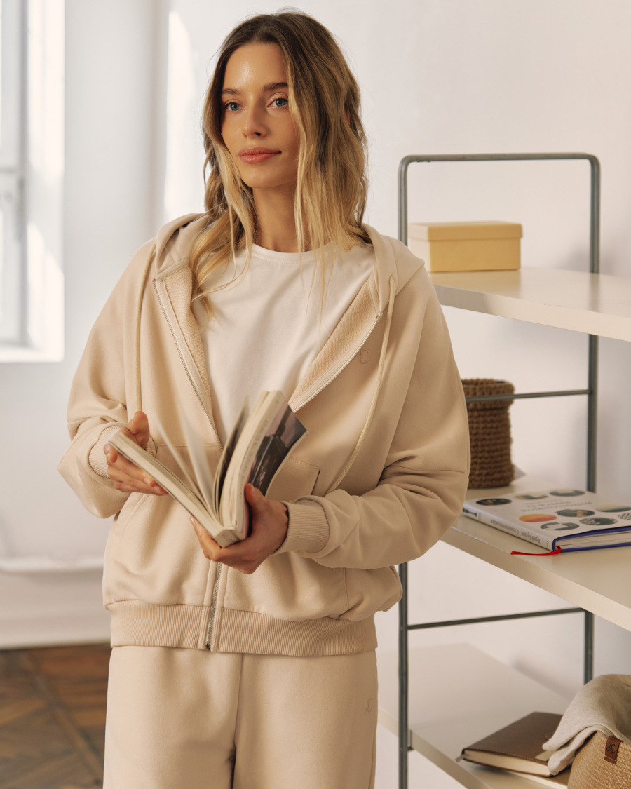 Хлопковая толстовка худи на молнии, сливочный