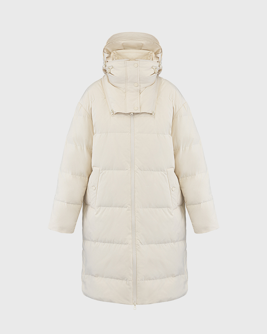 

Удлиненный пуховик с капюшоном-трансформером, молочный