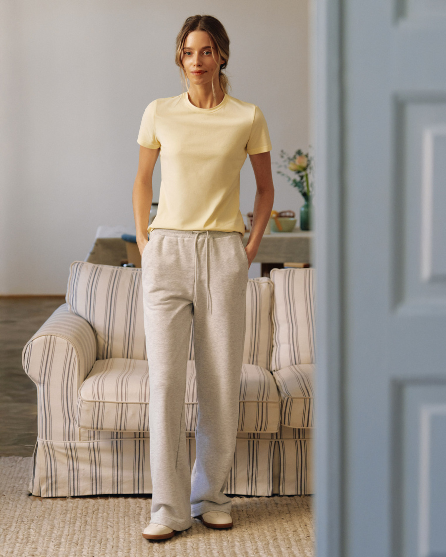 Широкие хлопковые брюки из футера, серый меланж