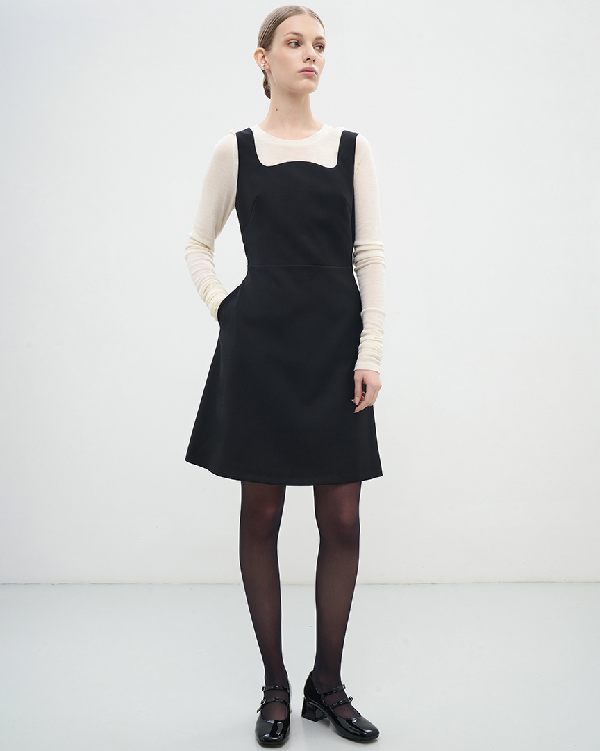 Платье мини с фигурным вырезом из шерсти, чёрный