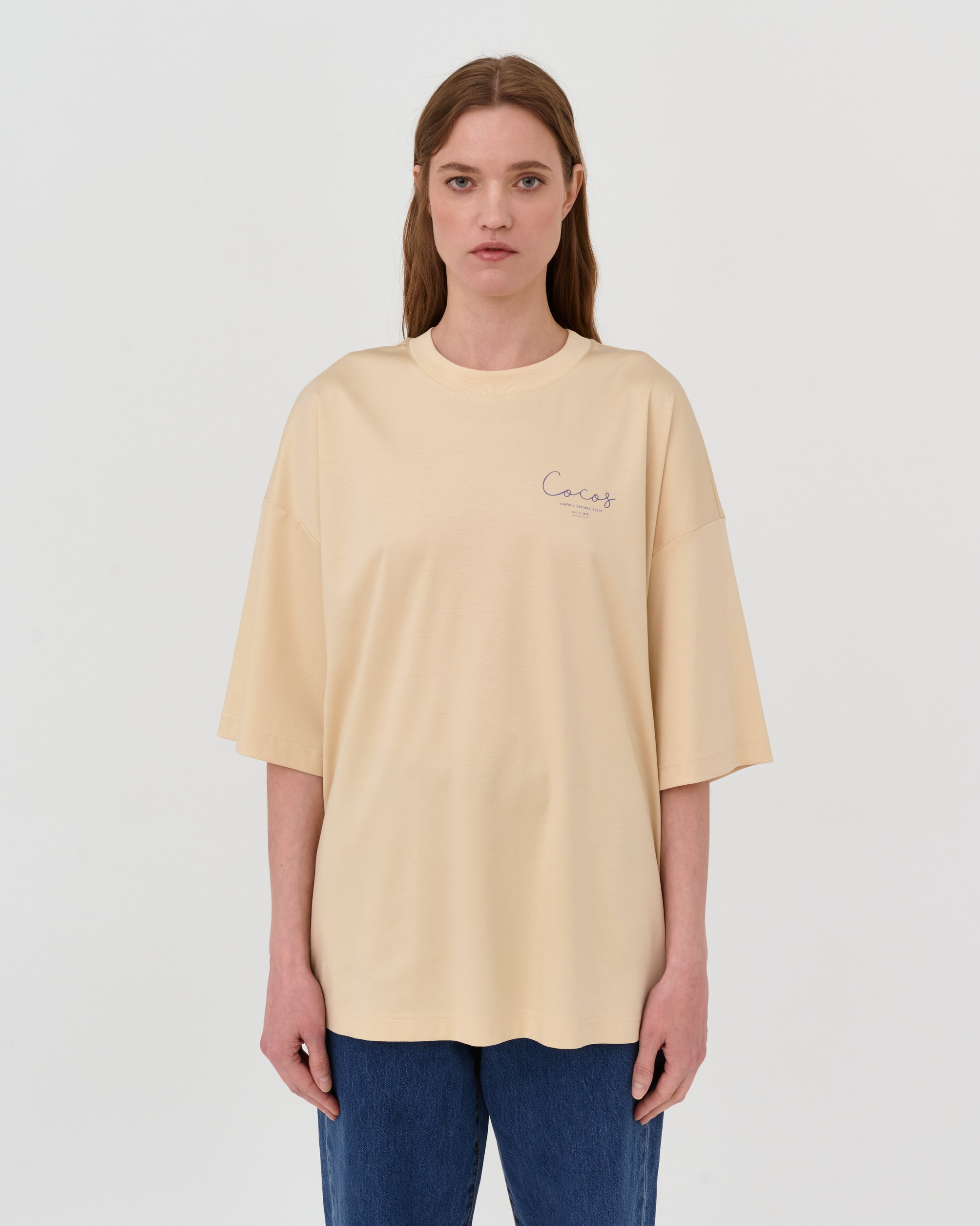 Оверсайз футболка с принтом, из хлопка и модала, бежевый - фото 1