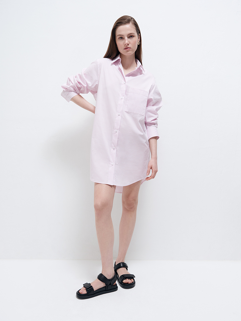 Платье-рубашка из хлопка, розовый в полоску - фото 1