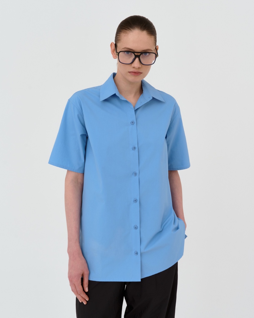Хлопковая рубашка с коротким рукавом, голубой - фото 1