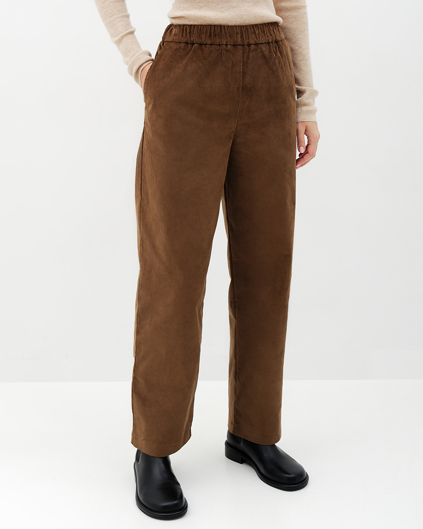 Прямые брюки из хлопкового вельвета, коричневый - фото 1