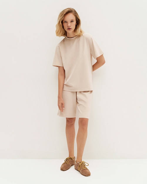 Свободная футболка из премиум-хлопка, с легким велюровым эффектом, бежевый