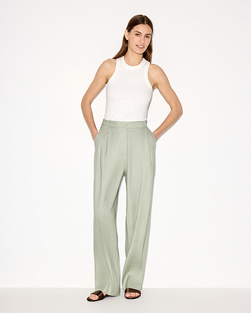Прямые брюки с защипами, изо льна и района, зеленый оливковый