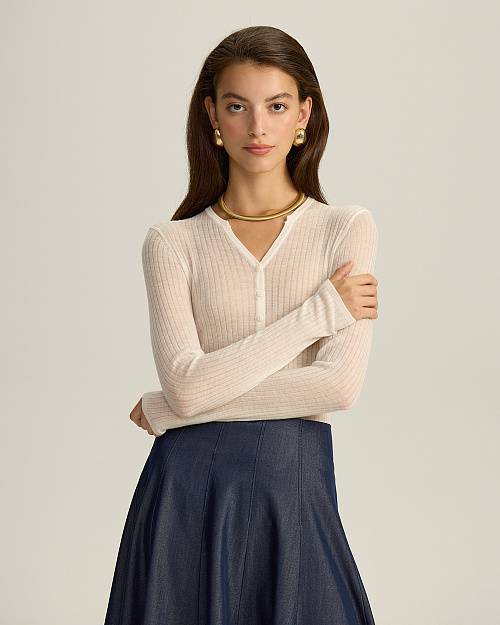 Прозрачное боди на пуговицах, из тонкого шерстяного трикотажа, молочный