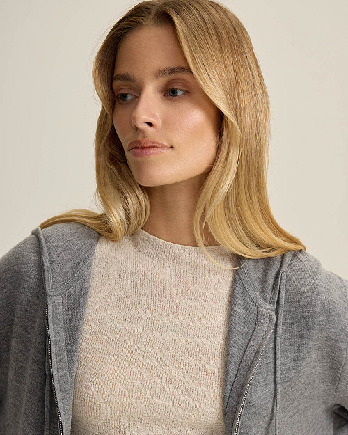 Шерстяной кардиган на молнии с капюшоном, серый меланж