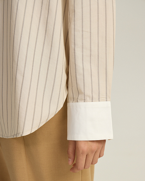 Хлопковая рубашка с контрастным воротником и манжетами, бежевый