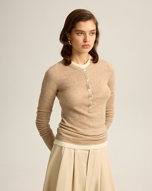 Шерстяной лонгслив на пуговицах, с эффектом многослойности, бежевый меланж