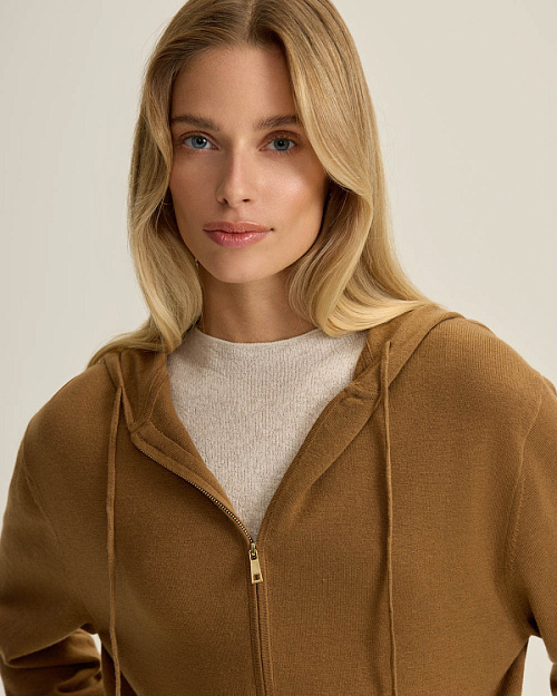 Шерстяной кардиган на молнии с капюшоном, карамельный