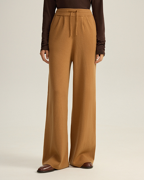 Широкие вязаные брюки из 100% шерсти мериноса, карамельный