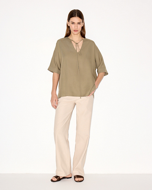 Блуза с вырезом на завязке, из лиоцелла и льна, хаки