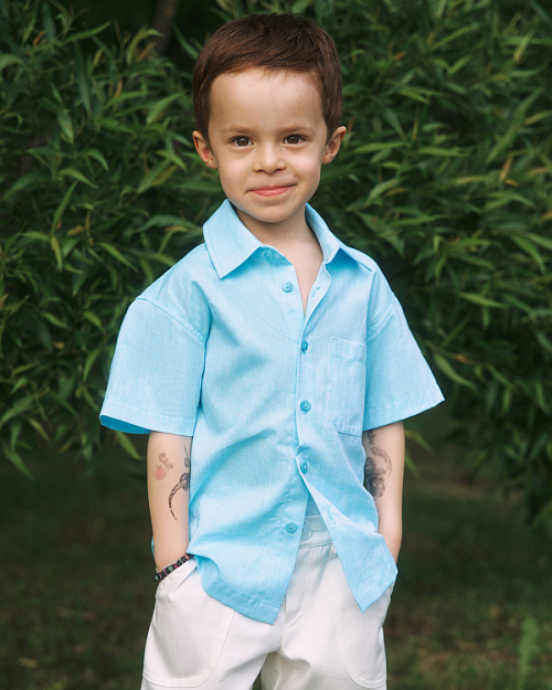 Детская рубашка Unisex из хлопка и льна, аквамарин
