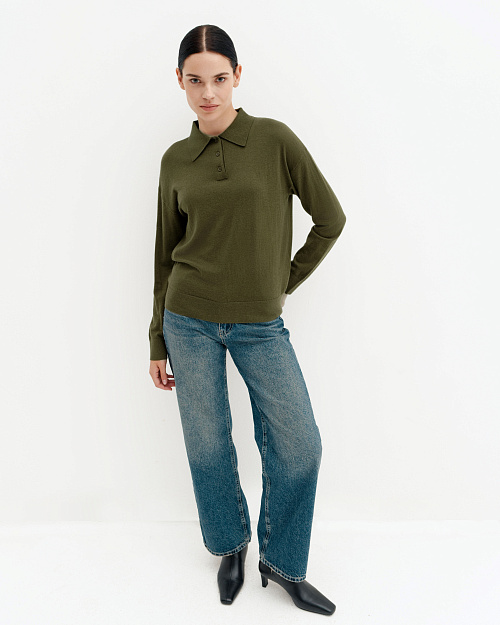 Шерстяной джемпер с воротником поло, хаки