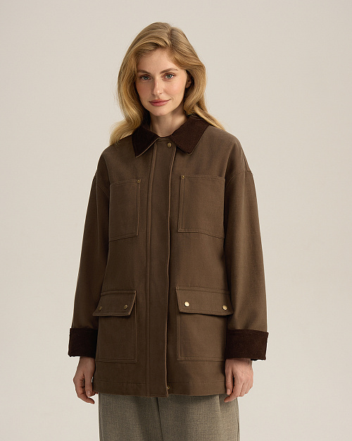 Хлопковая куртка с вельветовым воротником, коричневый