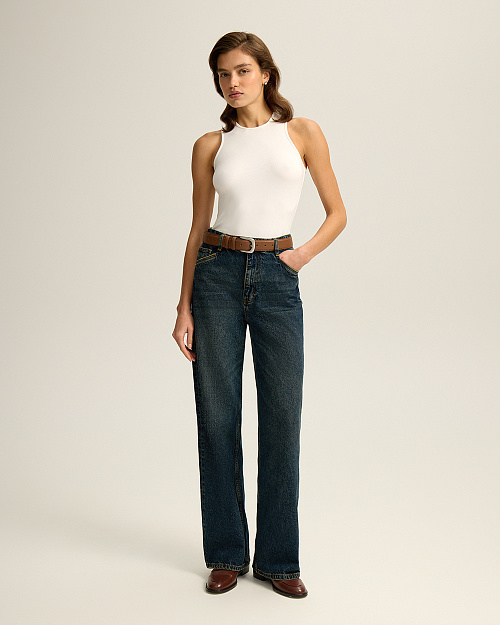 Прямые джинсы с высокой посадкой, темно-синий