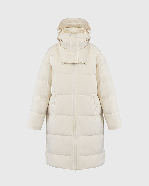 Удлиненный пуховик с капюшоном-трансформером, молочный