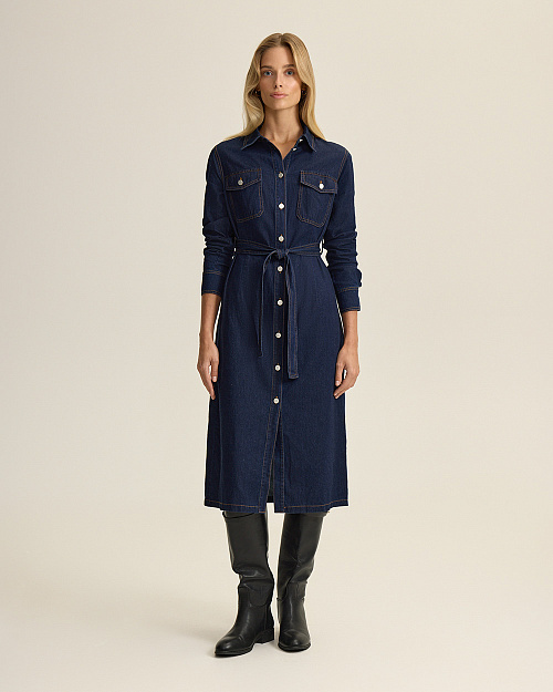 Джинсовое платье на поясе, темно-синий