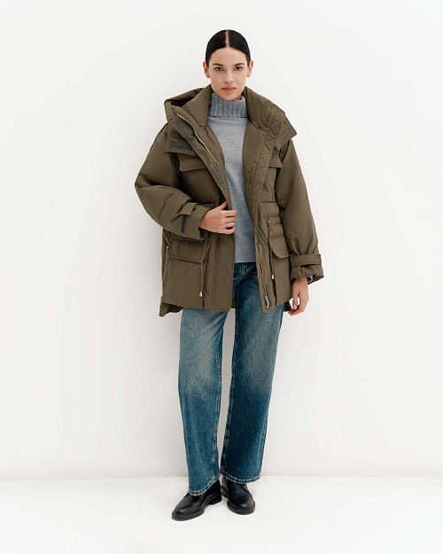 Пуховик парка с накладными карманами, хаки