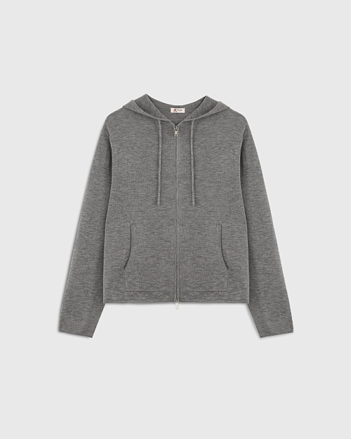 Шерстяной кардиган на молнии с капюшоном, серый меланж