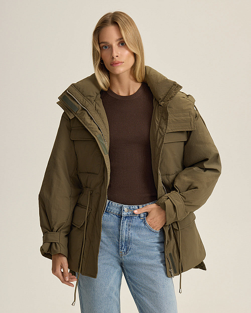 Пуховик парка с накладными карманами, хаки