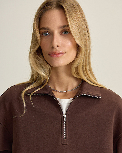 Свитшот с воротом на молнии, коричневый шоколадный
