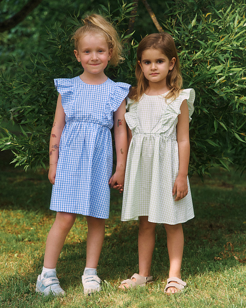 Детское хлопковое платье в клетку, синий