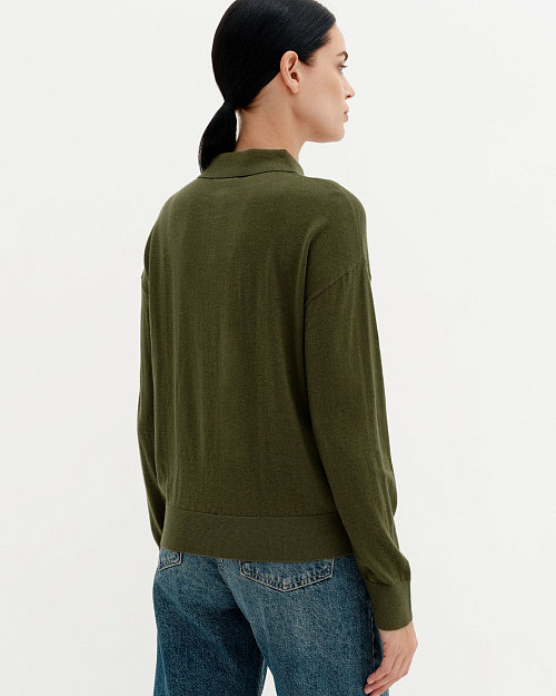 Шерстяной джемпер с воротником поло, хаки