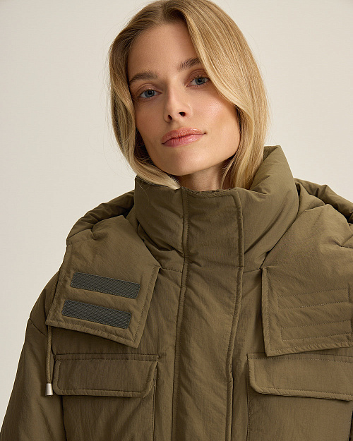Пуховик парка с накладными карманами, хаки