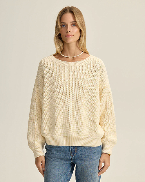 Хлопковый джемпер крупной вязки, молочный