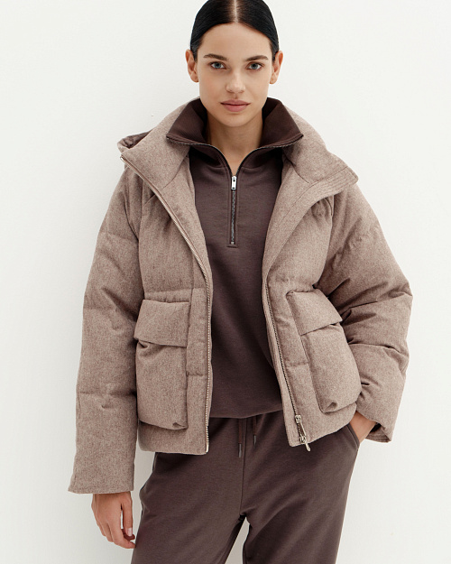 Пуховик из непромокаемой шерстяной пальтовой ткани с капюшоном, светло-коричневый