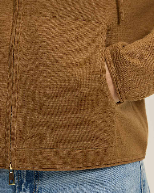 Шерстяной кардиган на молнии с капюшоном, карамельный