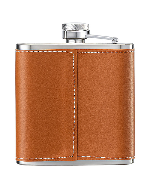 Стальная фляга в переплёте из эко-кожи, коричневый