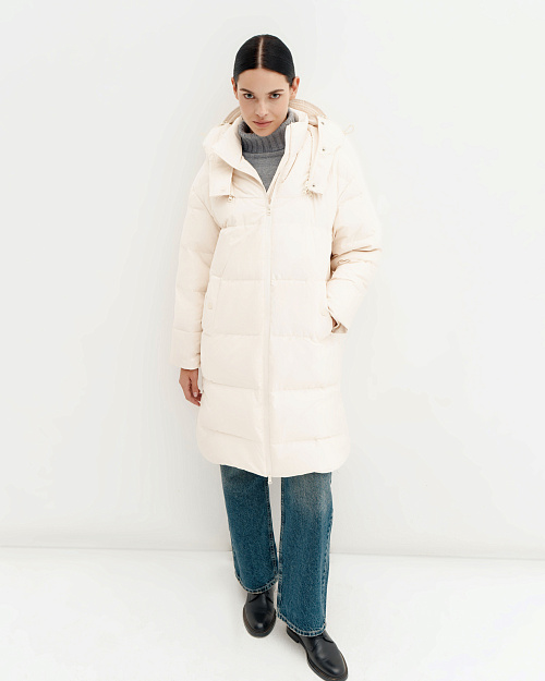 Удлиненный пуховик с капюшоном-трансформером, молочный