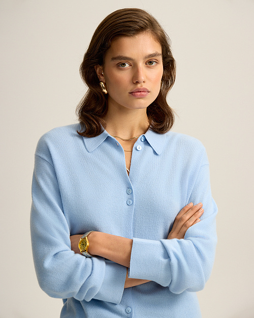 Трикотажная рубашка и кардиган, 2 в 1, из шерсти мериноса, голубой