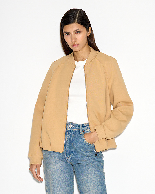 Бомбер на молнии, из футера, бежевый