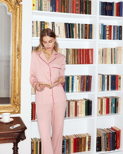 Хлопковая пижамная рубашка с контрастной отделкой, розовый