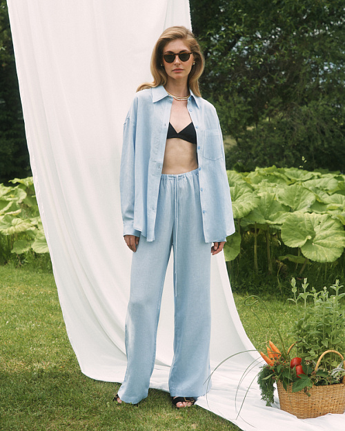 Брюки на кулиске, из тенселя и льна, небесно-голубой