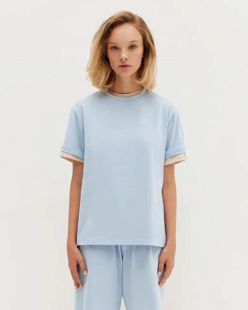 Свободная футболка из премиум-хлопка, с легким велюровым эффектом, голубой