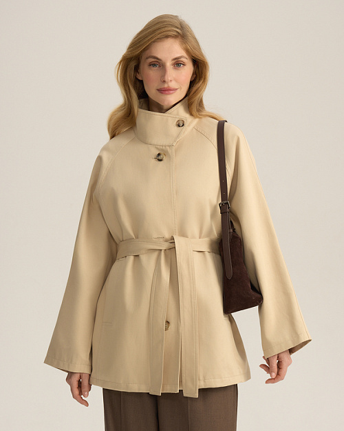 Укороченный тренч со стойкой, из лиоцелла с хлопком, бежевый