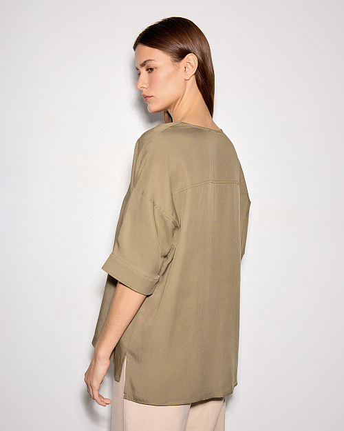 Блуза с вырезом на завязке, из лиоцелла и льна, хаки