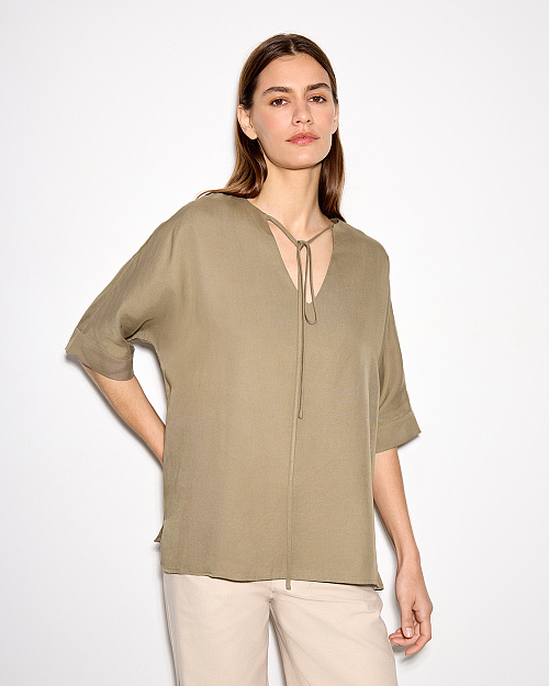Блуза с вырезом на завязке, из лиоцелла и льна, хаки