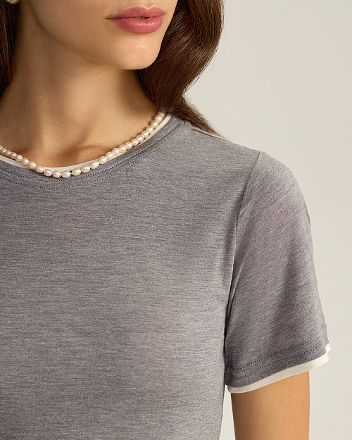 Футболка с имитацией многослойности, из модала с шелком и кашемиром, серый меланж