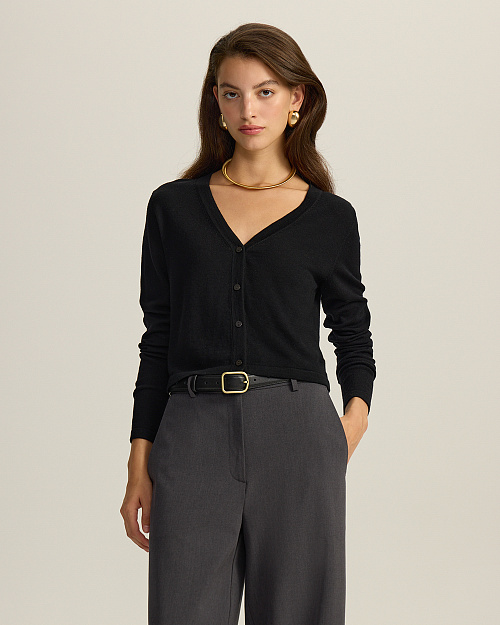 Тонкий шерстяной кардиган на пуговицах, черный