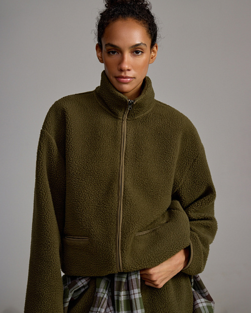 Толстовка Unisex на молнии, из флиса шерпа с меховым эффектом, хаки