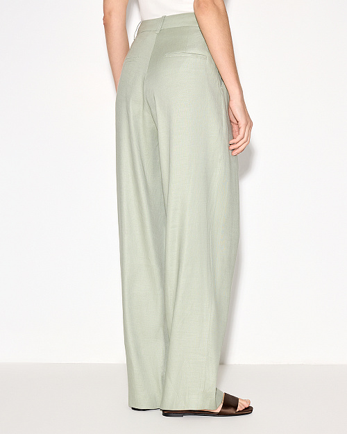 Прямые брюки с защипами, изо льна и района, зеленый оливковый